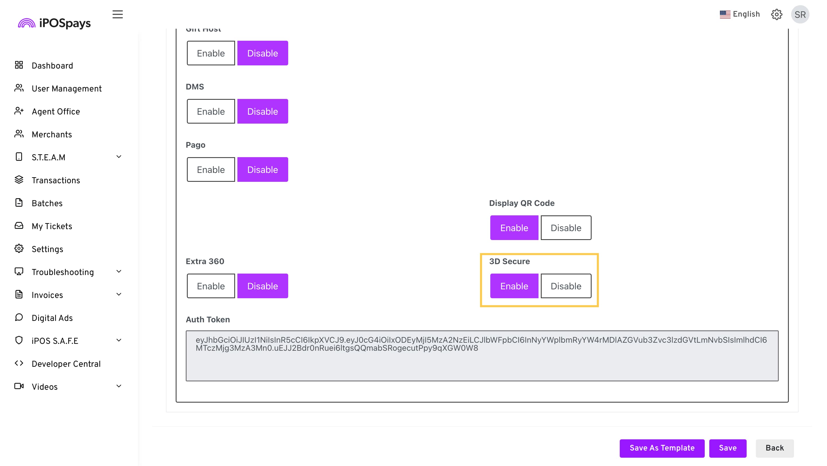 Enable 3D Secure from Edit Parameter -> Integrations